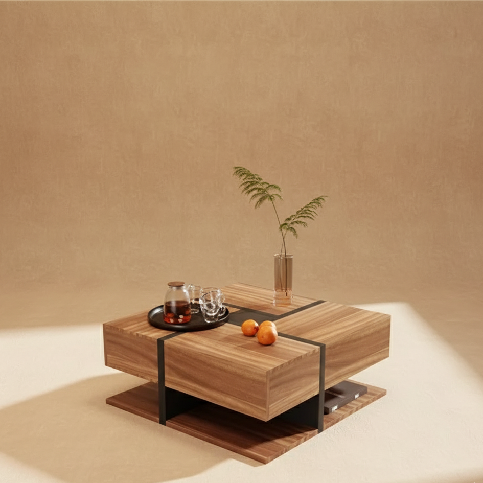 Table basse carrée bois design avec rangements