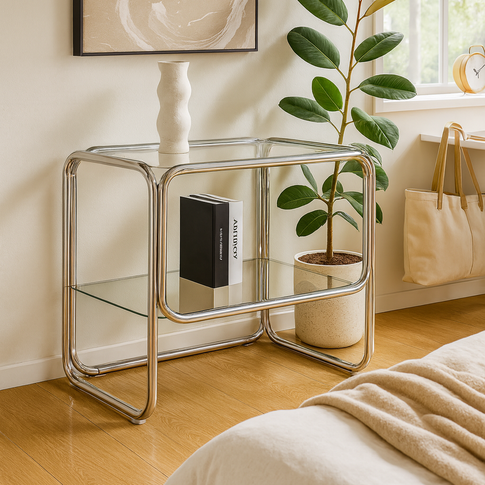Table de chevet acier inox et verre