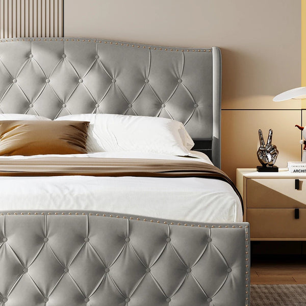 Lit capitonné gris en velours avec rangements