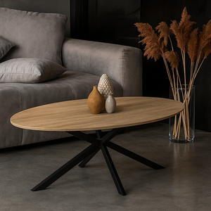 Industrieller ovaler Couchtisch aus Holz