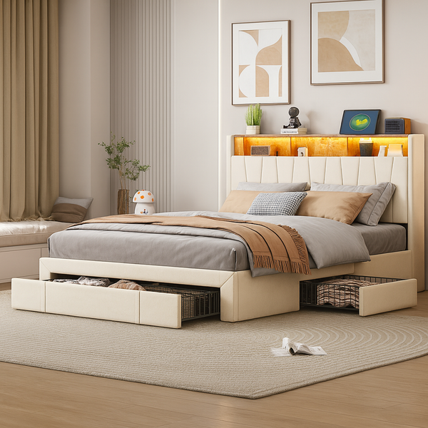 Lit capitonné beige avec LED et rangements