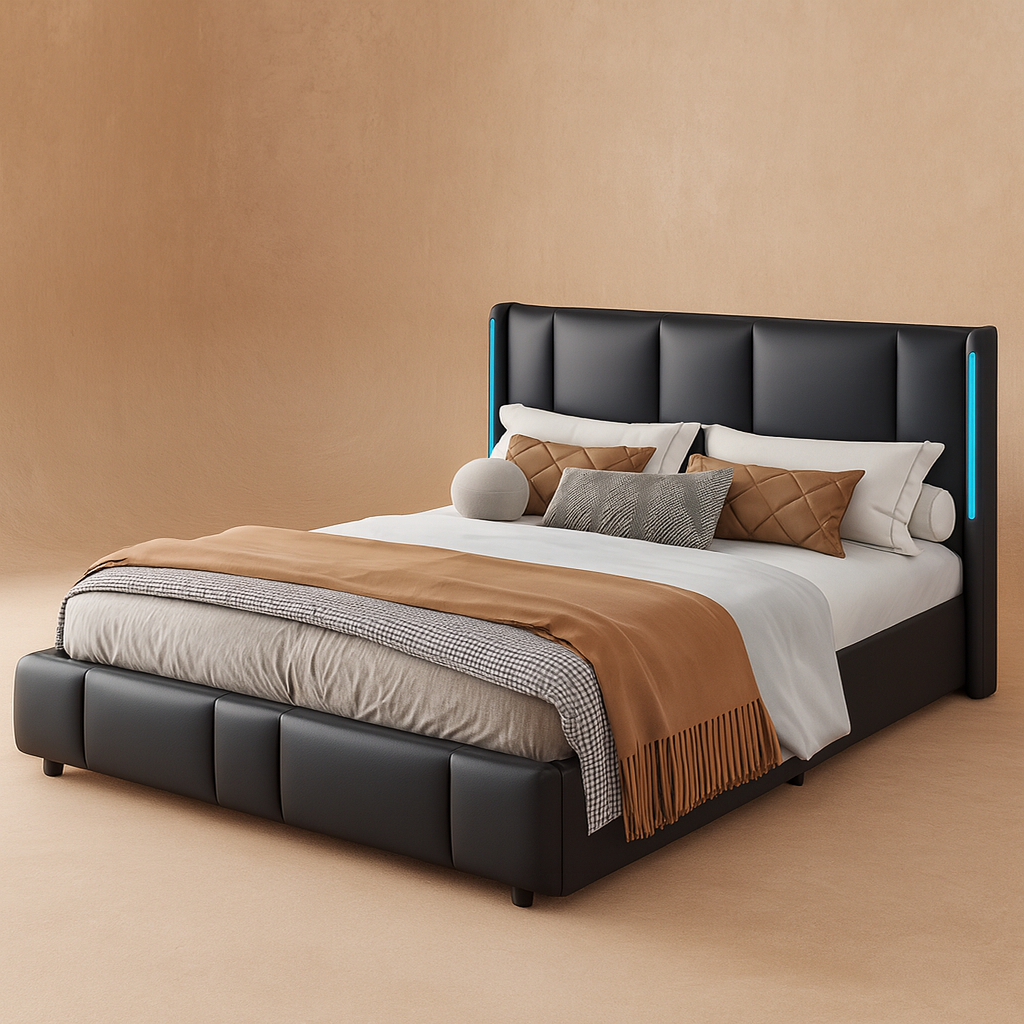 Lit LED capitonné noir avec rangement