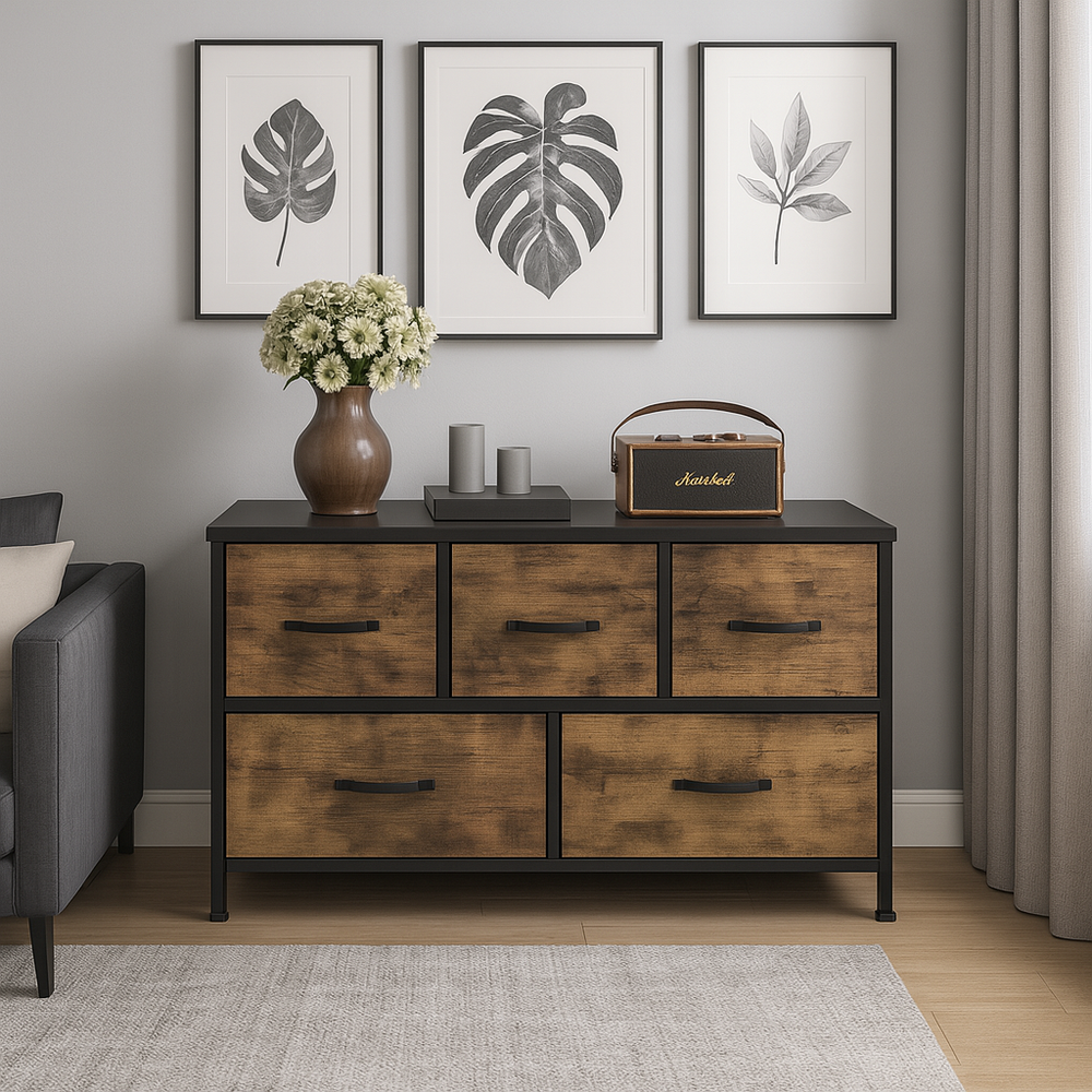 Commode 5 tiroirs tissu et bois
