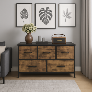 Commode 5 tiroirs tissu et bois
