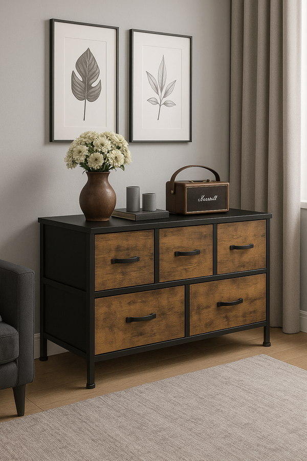Commode 5 tiroirs tissu et bois
