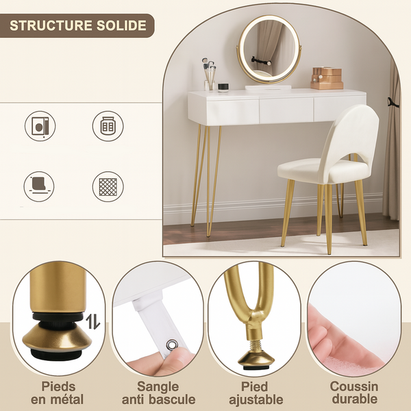 Coiffeuse blanche LED miroir rotatif