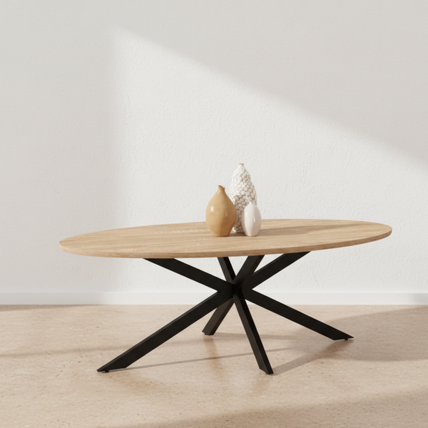 Industrieller ovaler Couchtisch aus Holz