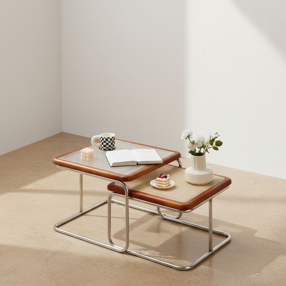 Table basse carrée rotin verre