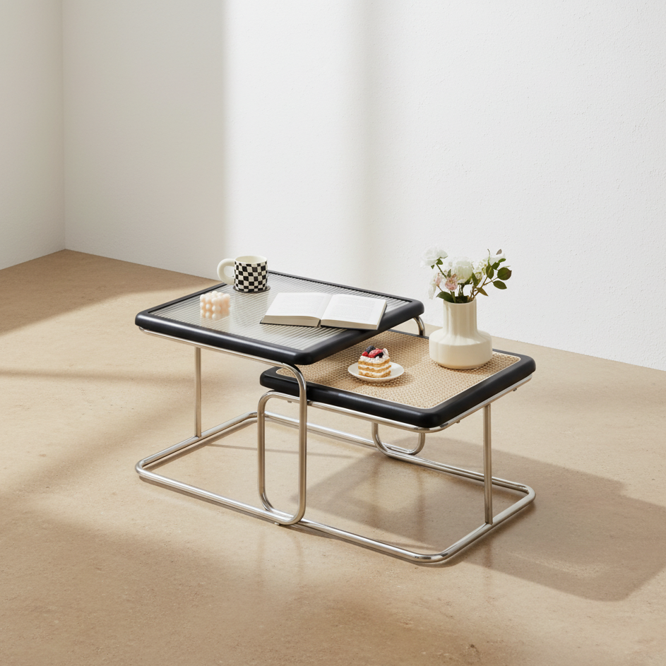 Table basse carrée rotin verre