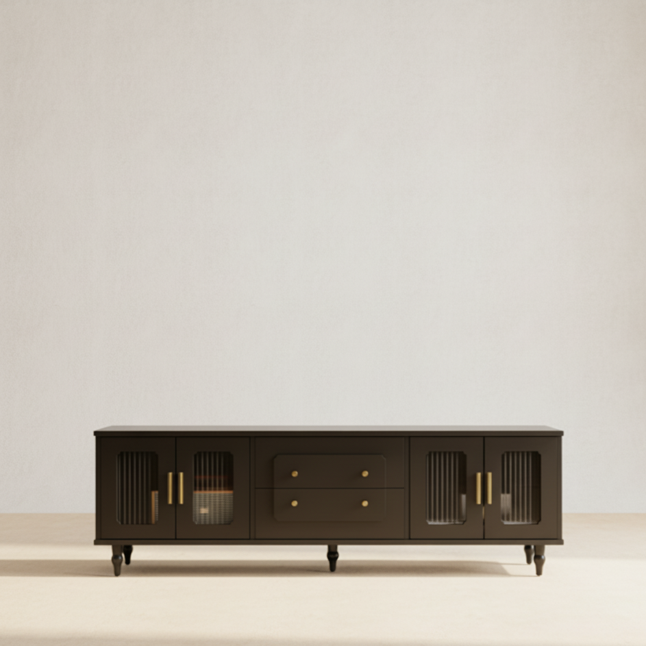 Meuble TV noir rétro avec verre rainuré