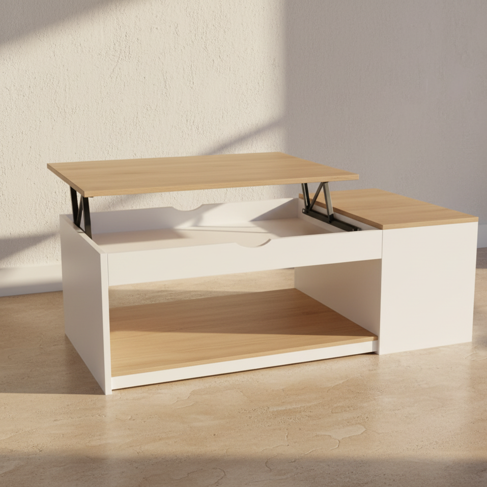 Table basse relevable blanche bois