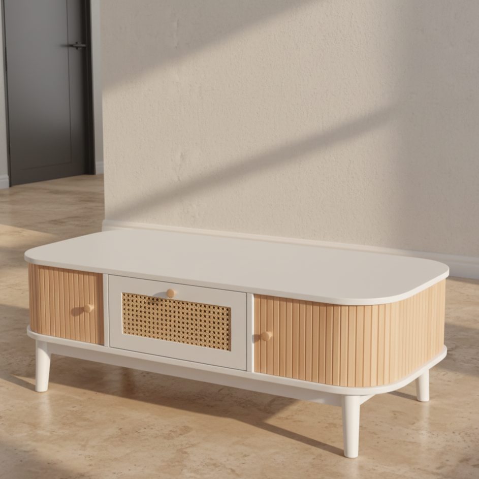 Table basse rotin bois blanc
