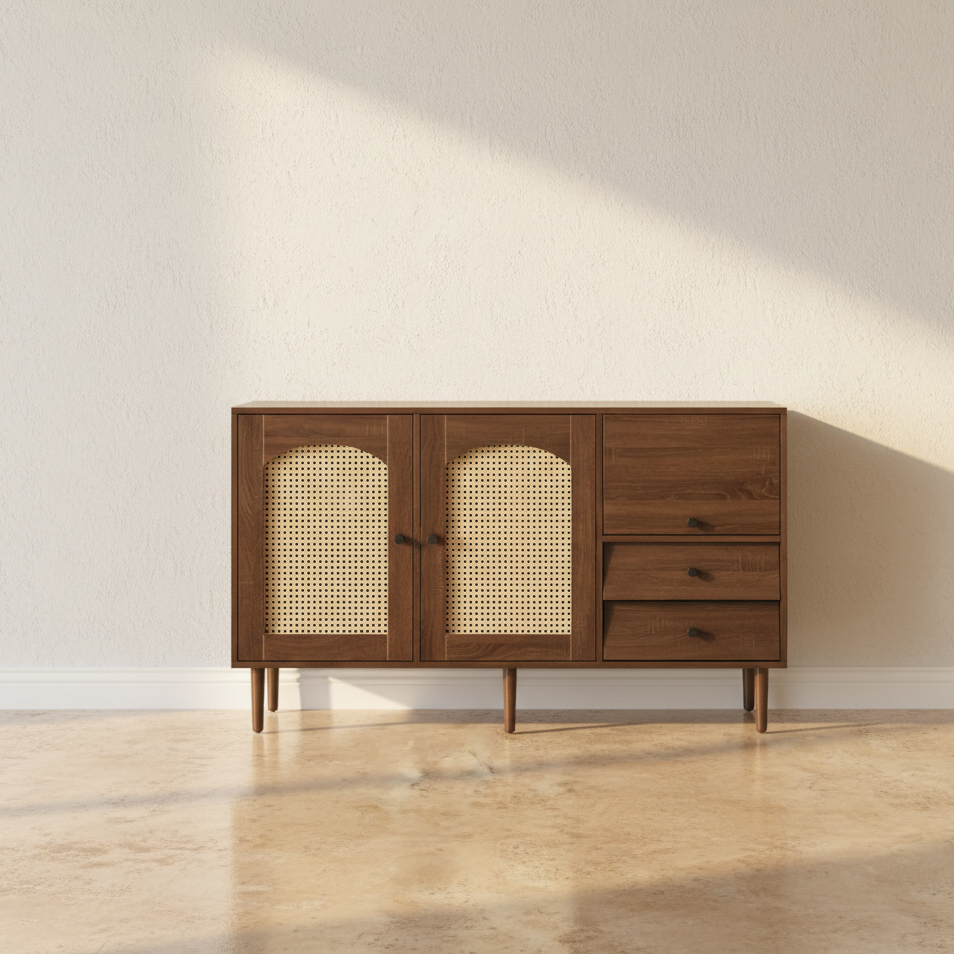 Wooden sideboard with rattan doors
