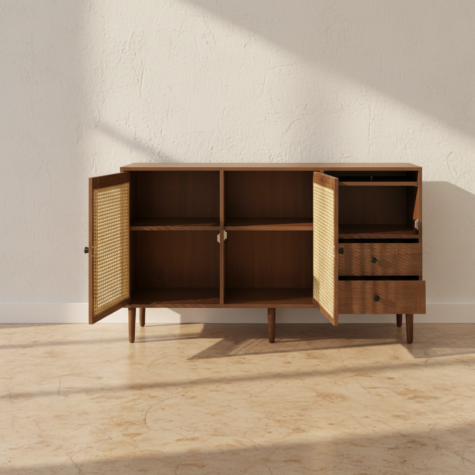 Buffet en bois avec portes en rotin