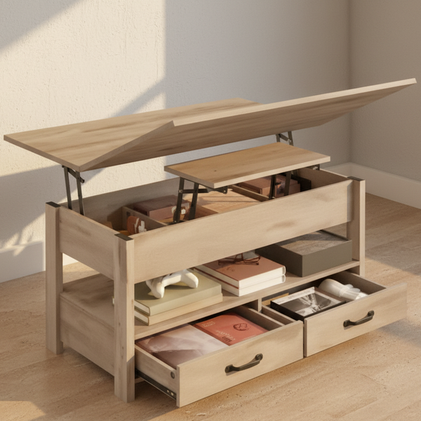 Table basse relevable bois vintage