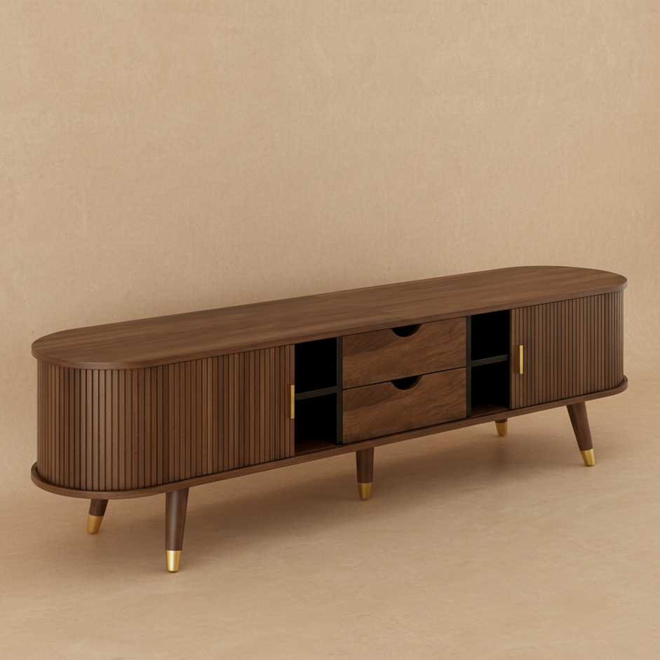 Meuble TV noyer rattan doré