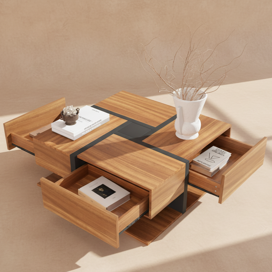Table basse carrée bois design avec rangements