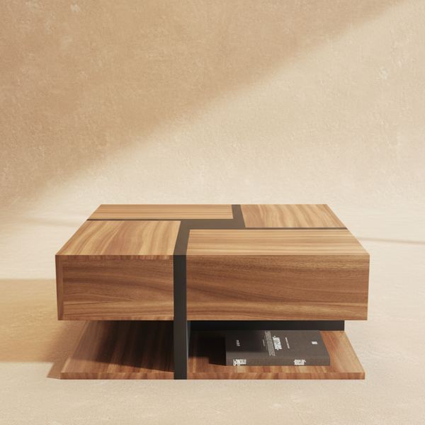Table basse carrée bois design avec rangements