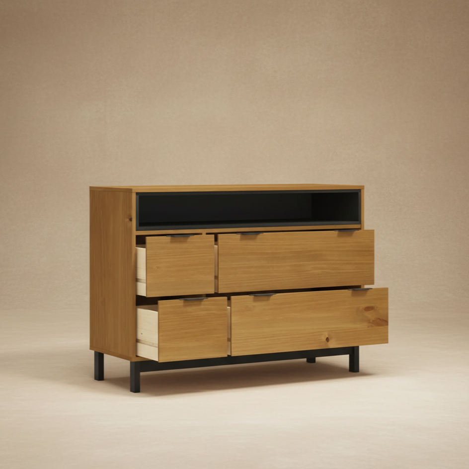 Commode en pin massif noir et bois