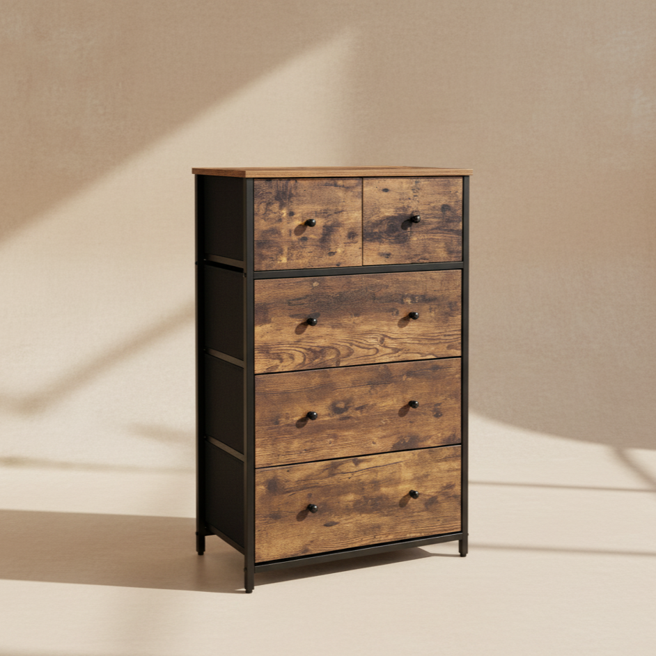 Commode 5 tiroirs rustique tissu et métal