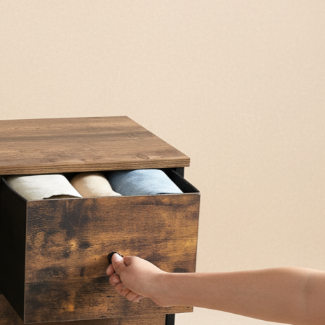 Commode 5 tiroirs rustique tissu et métal