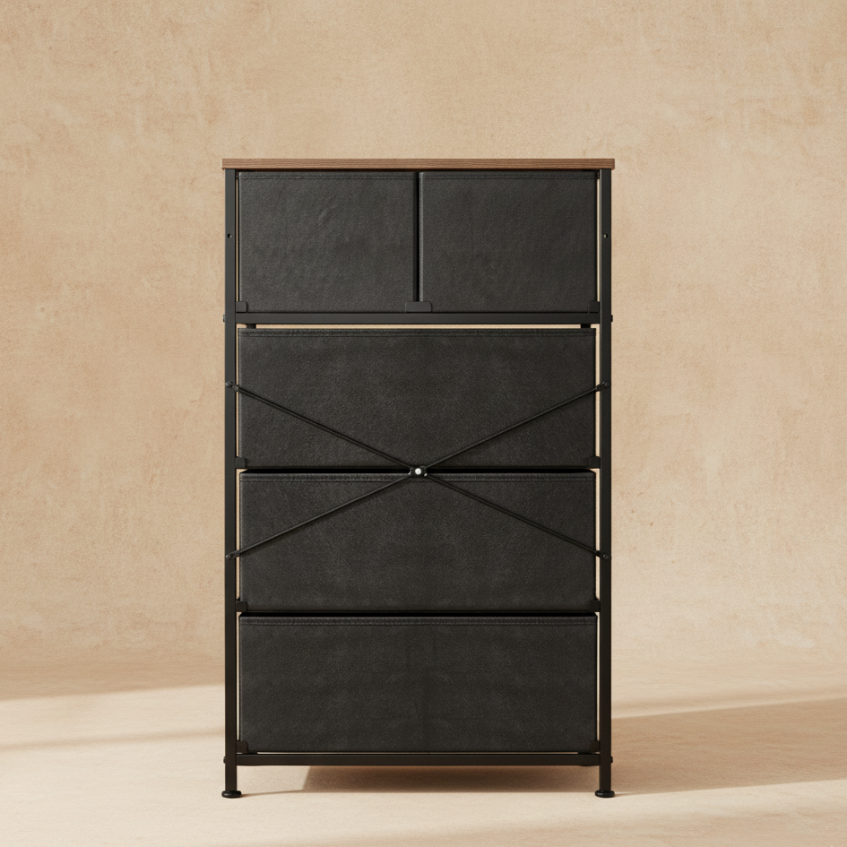 Commode 5 tiroirs rustique tissu et métal