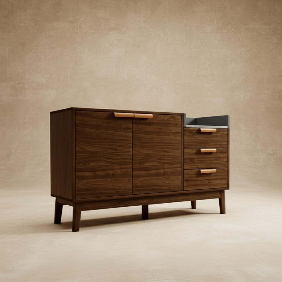 Buffet en chêne 120 cm avec plateau effet marbre et tiroirs