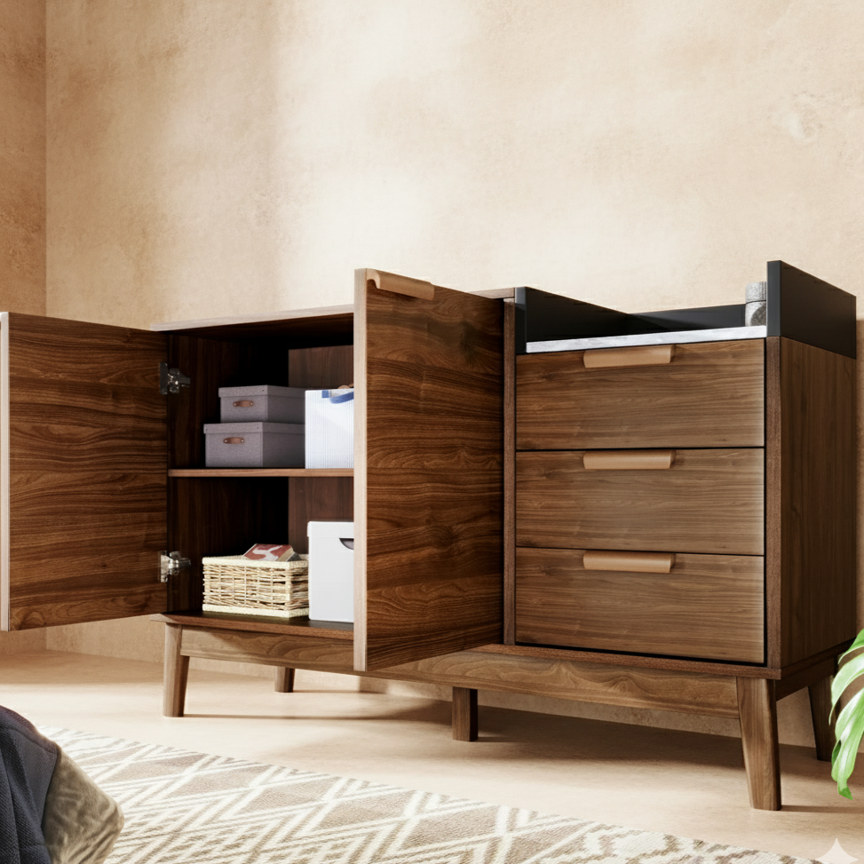 Buffet en chêne 120 cm avec plateau effet marbre et tiroirs