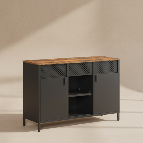 Buffet en métal 110 cm noir et bois avec portes perforées