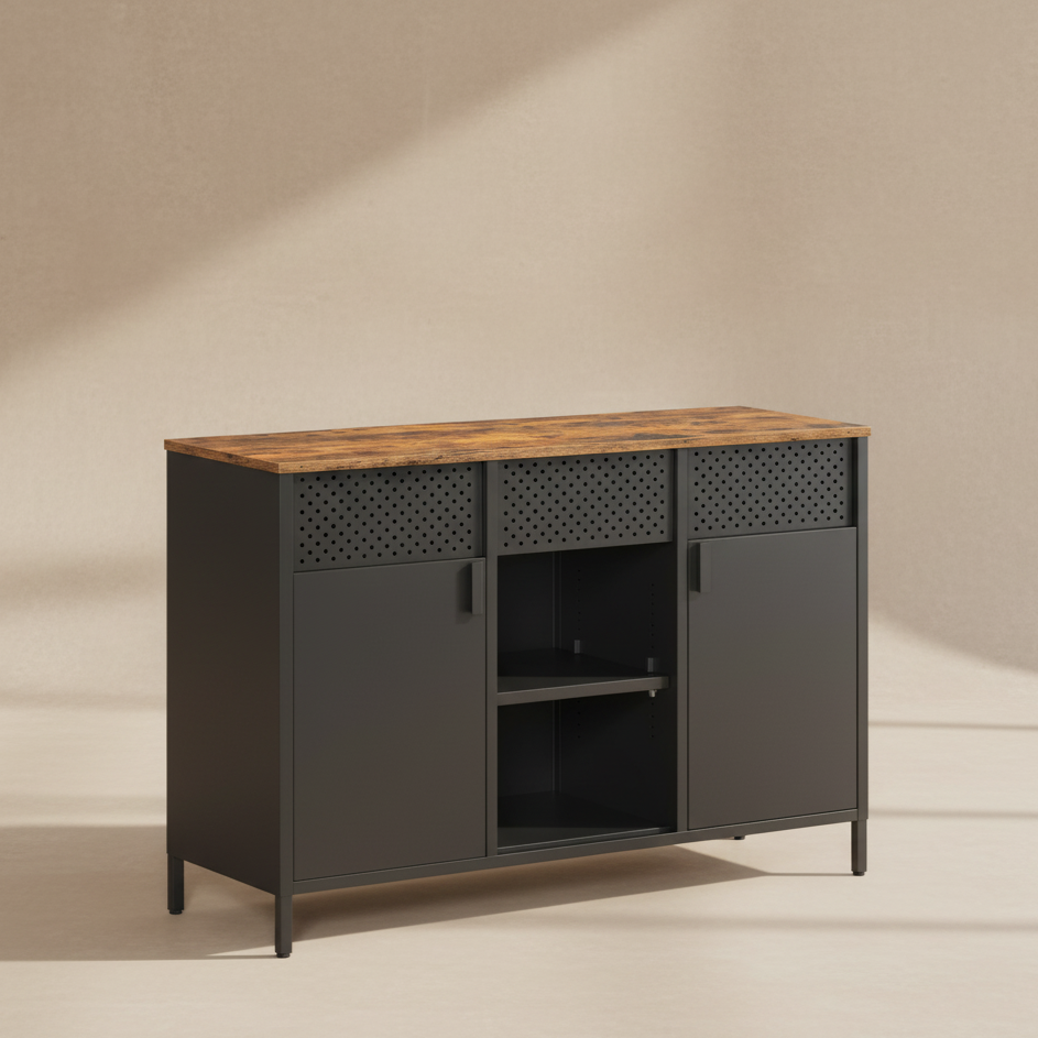 Buffet en métal 110 cm noir et bois avec portes perforées