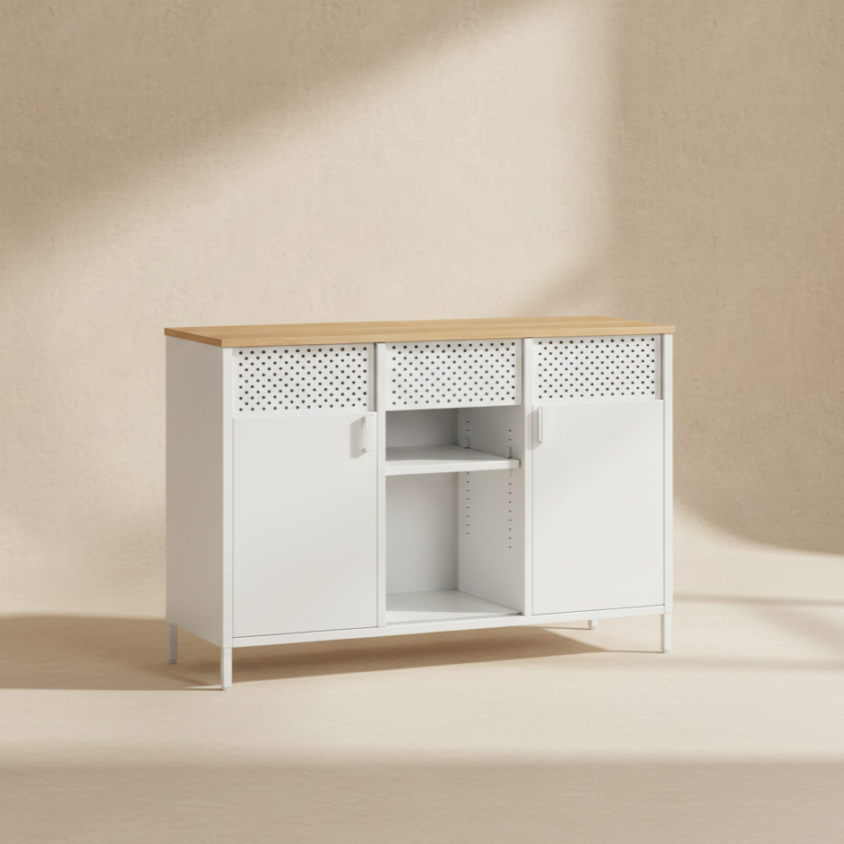 Buffet en métal 110 cm noir et bois avec portes perforées