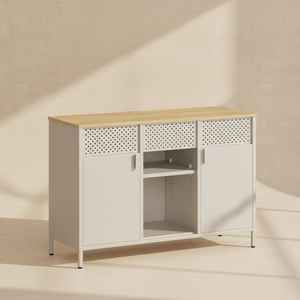 Buffet en métal 110 cm noir et bois avec portes perforées