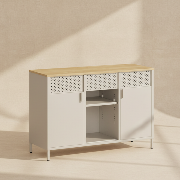 Buffet en métal 110 cm noir et bois avec portes perforées