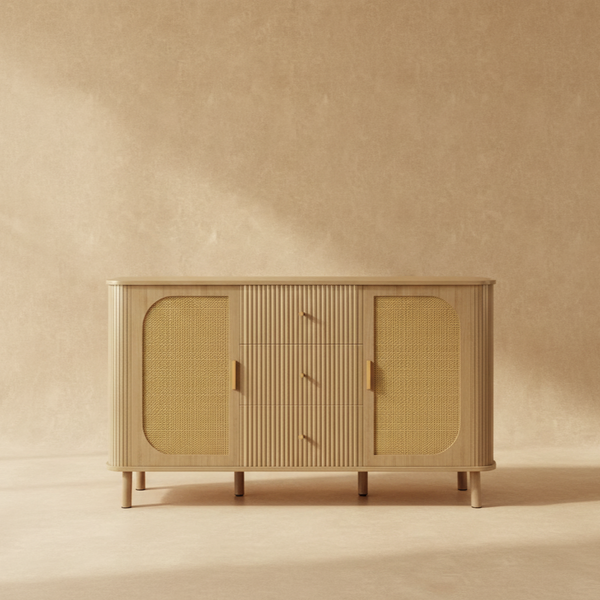 Buffet moderne bois et rotin avec pieds métal