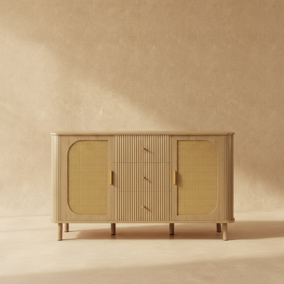 Buffet moderne bois et rotin avec pieds métal