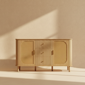 Buffet moderne bois et rotin avec pieds métal