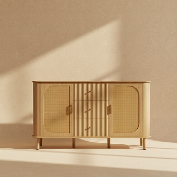 Buffet moderne bois et rotin avec pieds métal