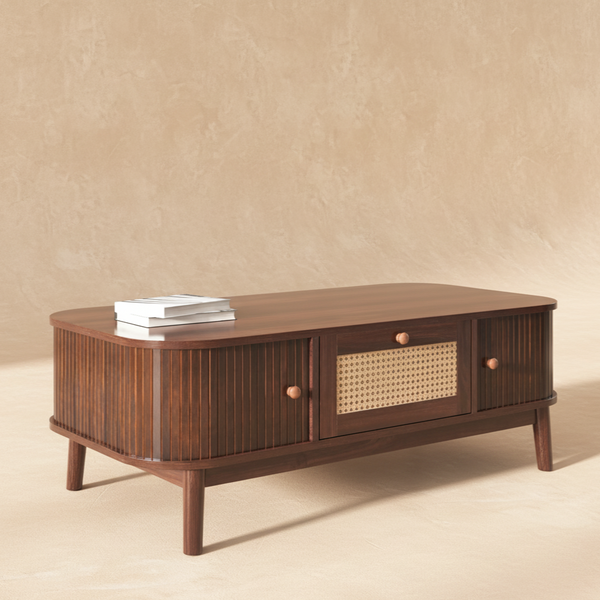 Table basse rotin et bois massif 110 cm