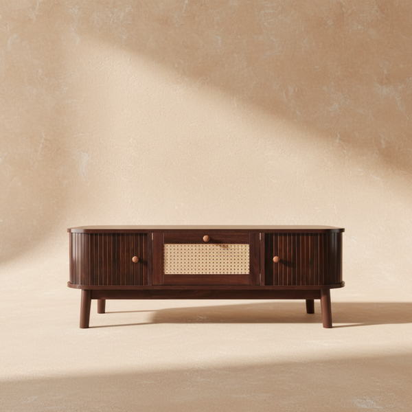 Table basse rotin et bois massif 110 cm