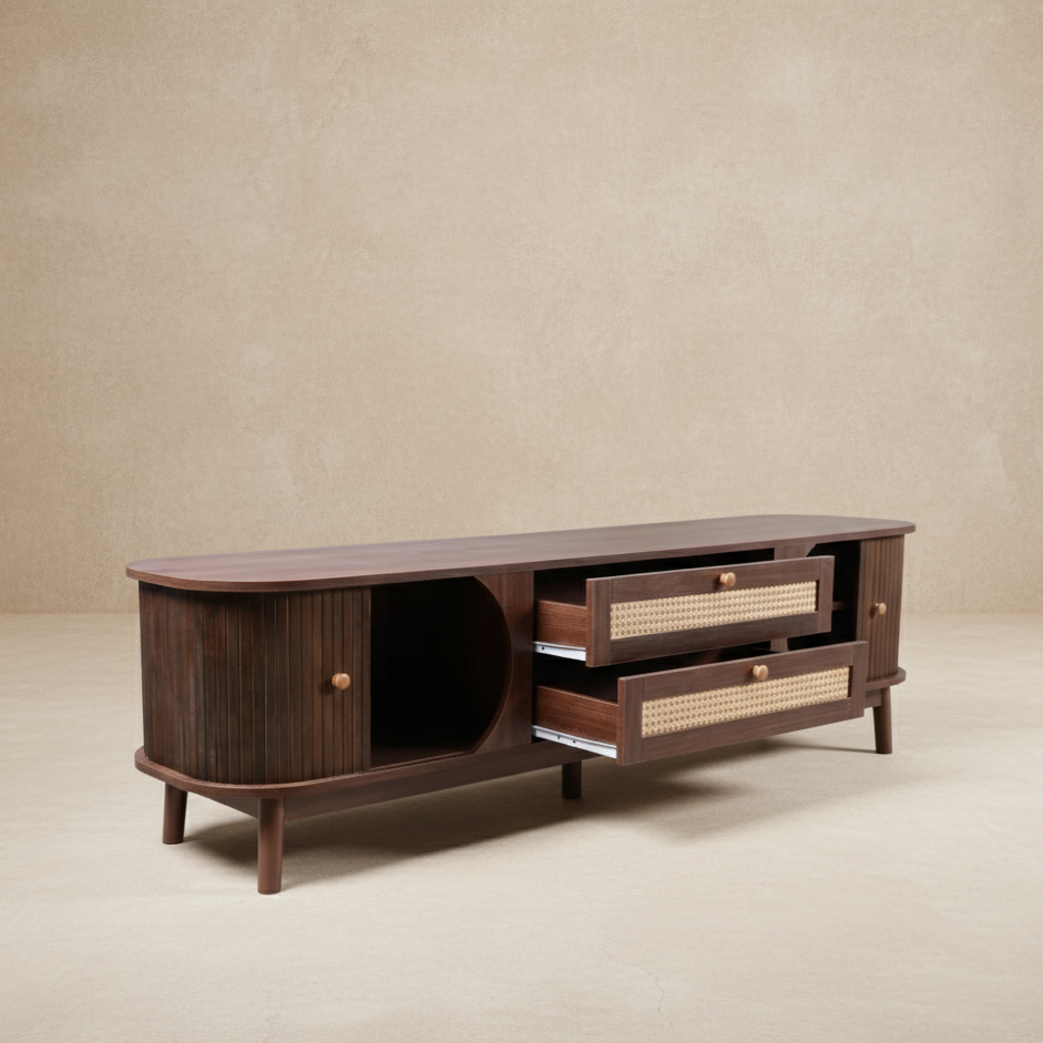 Meuble TV rotin et bois naturel