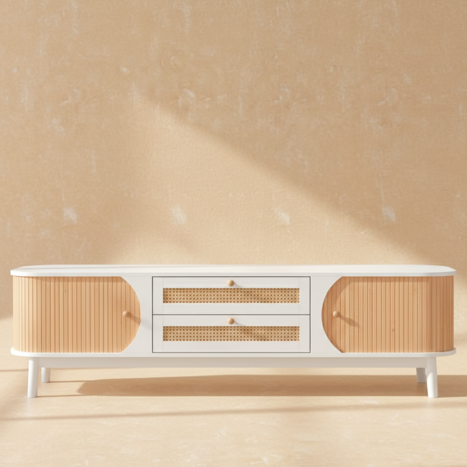 Meuble TV rotin et bois naturel