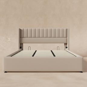 Lit double hydraulique en lin beige 180x200 cm