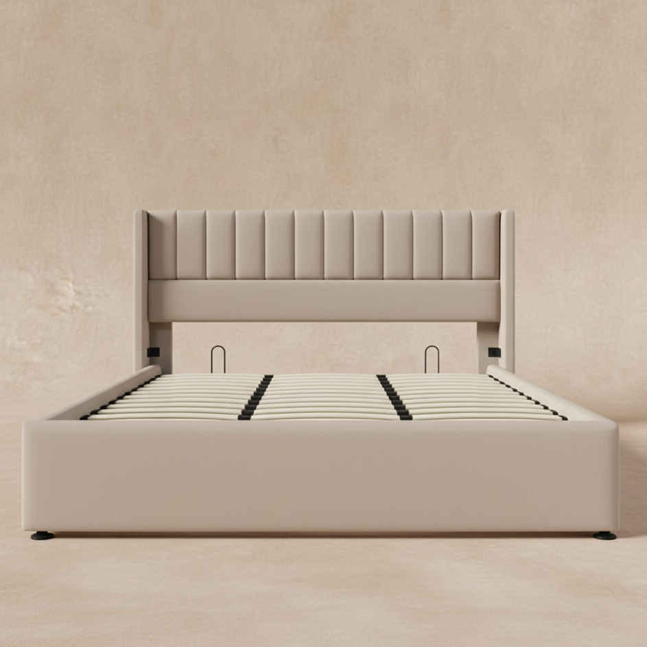 Lit double hydraulique en lin beige 180x200 cm