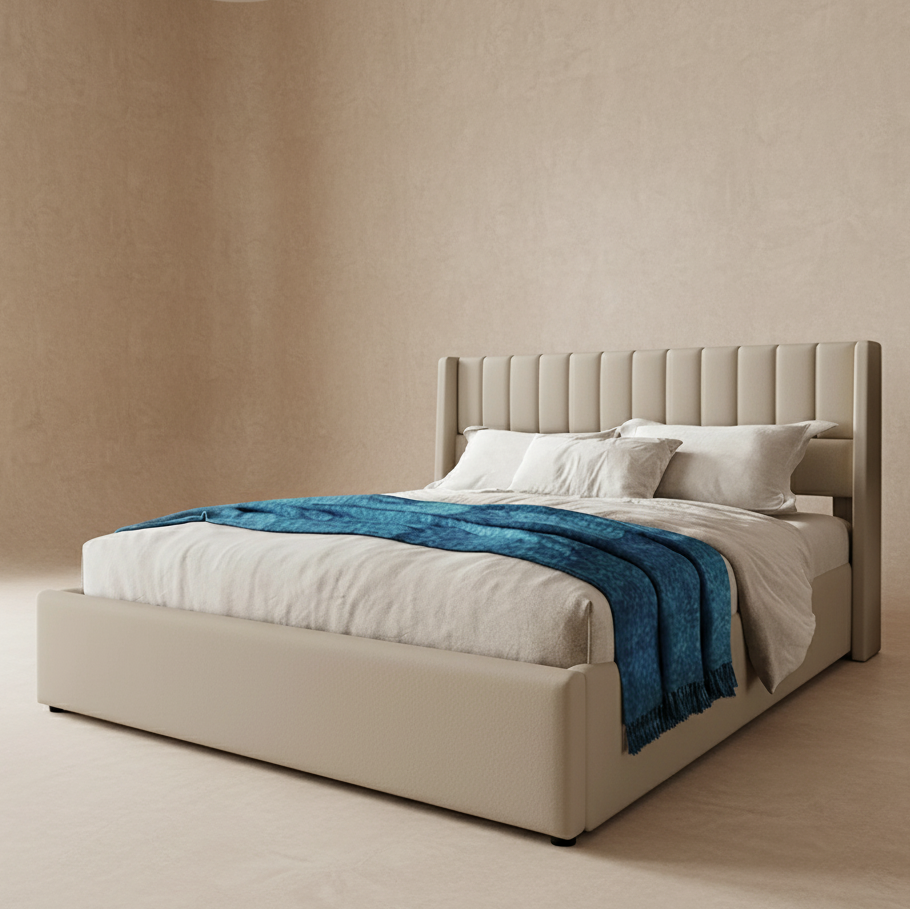 Lit double hydraulique en lin beige 180x200 cm