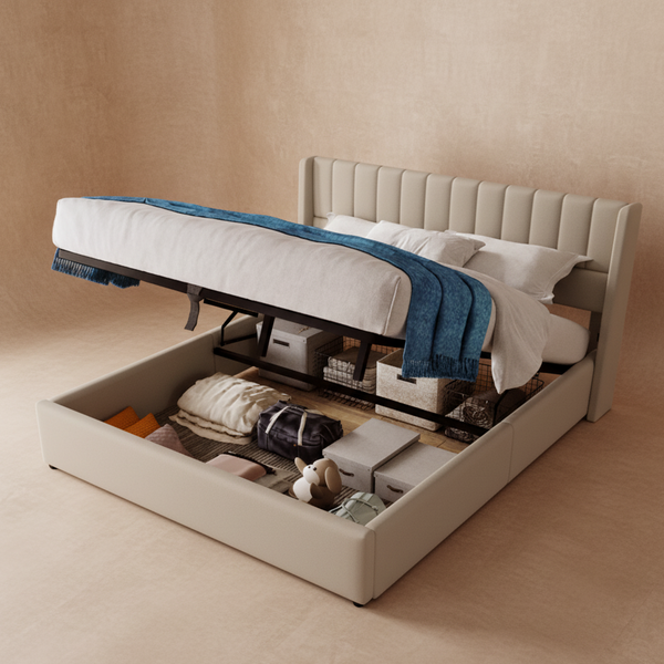 Lit double hydraulique en lin beige 180x200 cm