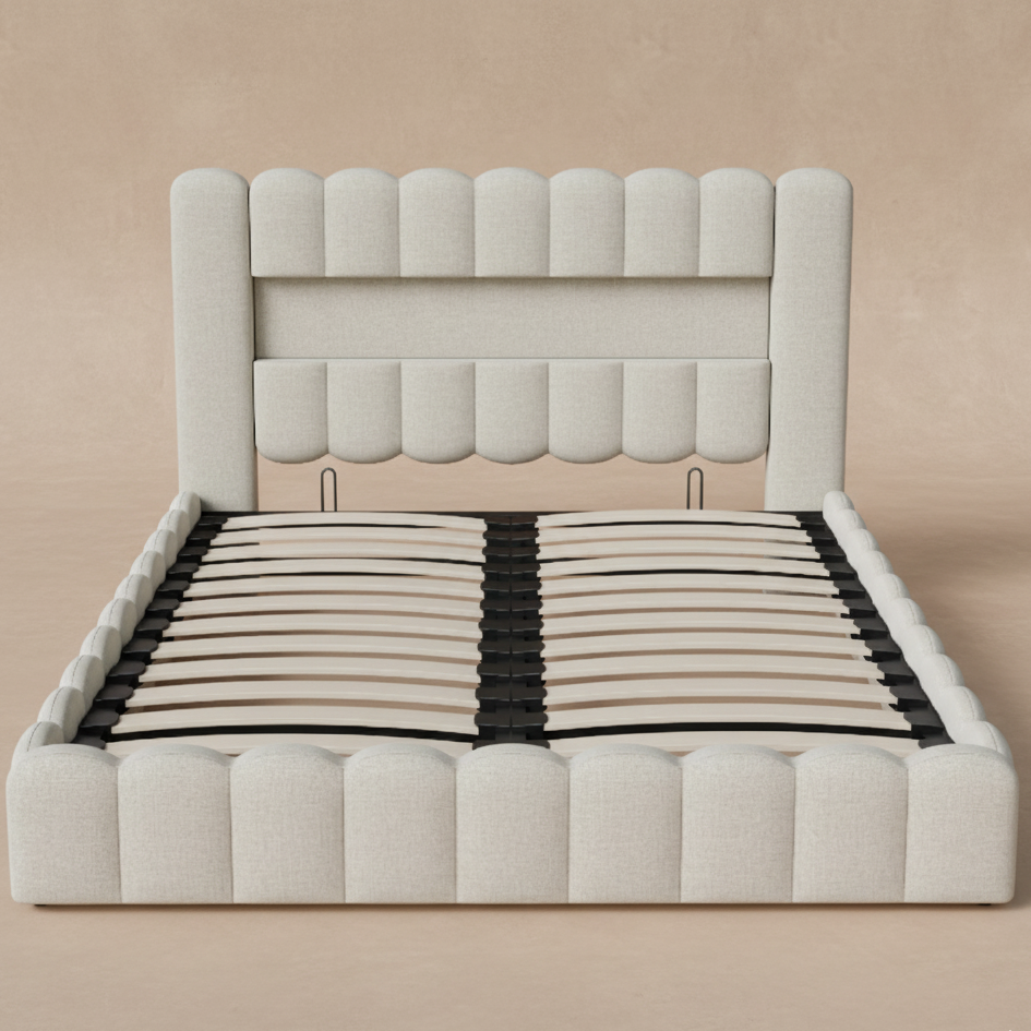 Lit double capitonné beige avec LED et rangement