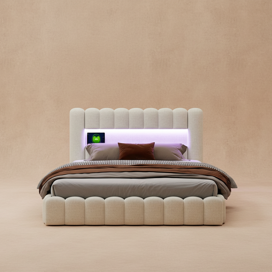 Lit double capitonné beige avec LED et rangement
