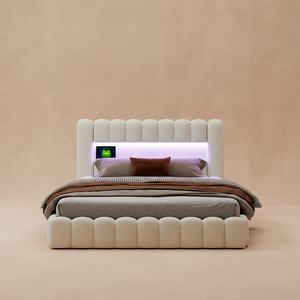 Lit double capitonné beige avec LED et rangement
