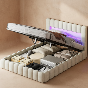 Lit double capitonné beige avec LED et rangement