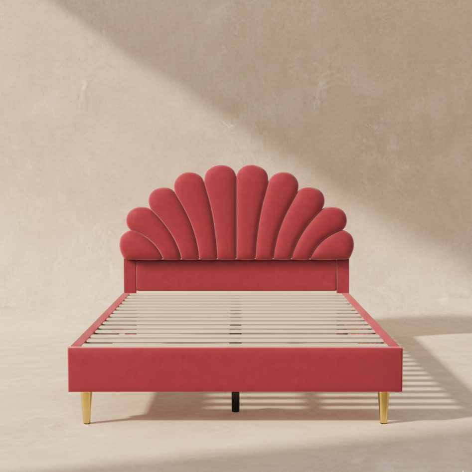 Lit double capitonné en velours rose 140x200 cm